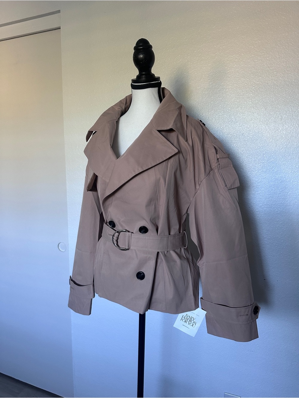 Womens Cropped Trench Coat Casual Double Breasted Short Jacket NWT - Picture 4 of 7